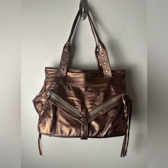BOTKIER Bronze Metallic “Trigger” Leather Shoulder Gold Hardware Satchel Handbag - Picture 2 of 11